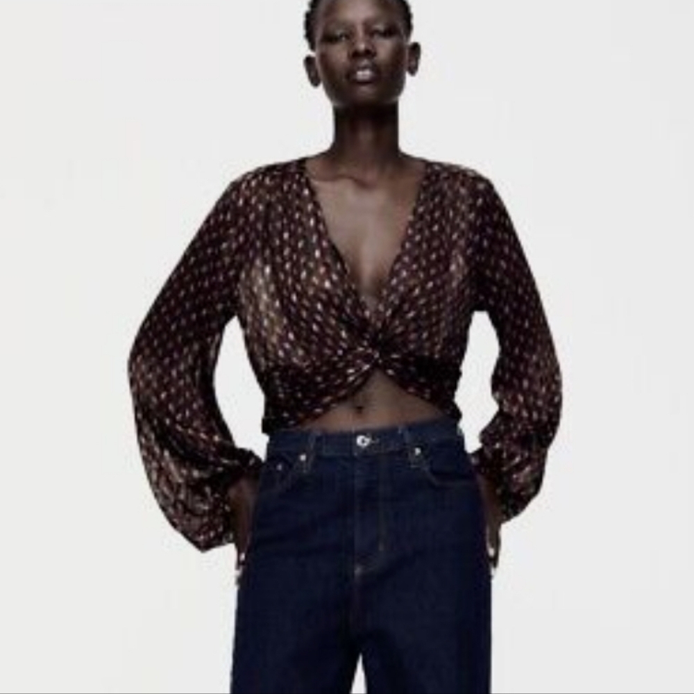 Zara LADIES PUFF LONG SLEEVE CROP TOP BLOUSE- XS